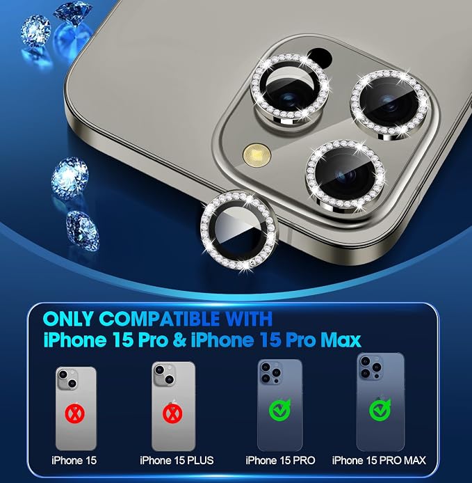for iPhone 15 Pro/iPhone 15 Pro Max Camera Lens Protector Bling Individual
