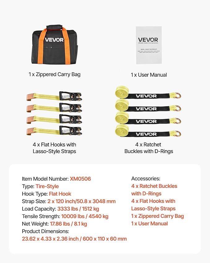 VEVOR Wheel Chock Tie-Down Kit, Tire-Style Motorcycle Tie-Down System, Car Kit with Flat Hook, Break Strength 10009 lbs & Working Load 3333 lbs Trailer Strap for ATVs, SUVs, Trailers