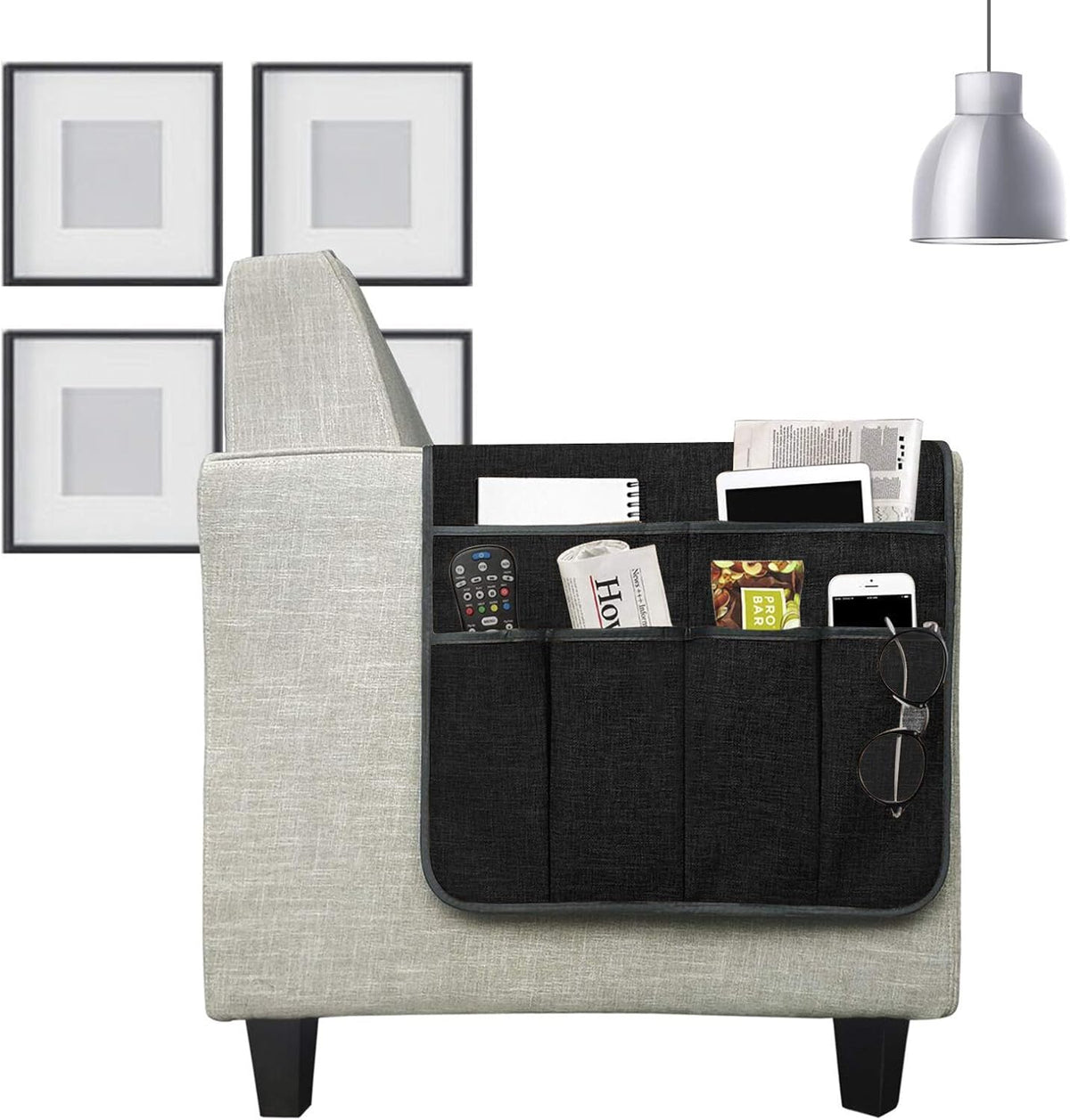 IPENNY Cotton Linen Sofa Couch Remote Control Holder Chair Armrest Caddy Pocket Organizer Storage Bag for Cellphone Tablet Notepad Book Magazines DVD Eyewears Drinker Snacks Holder Pouch