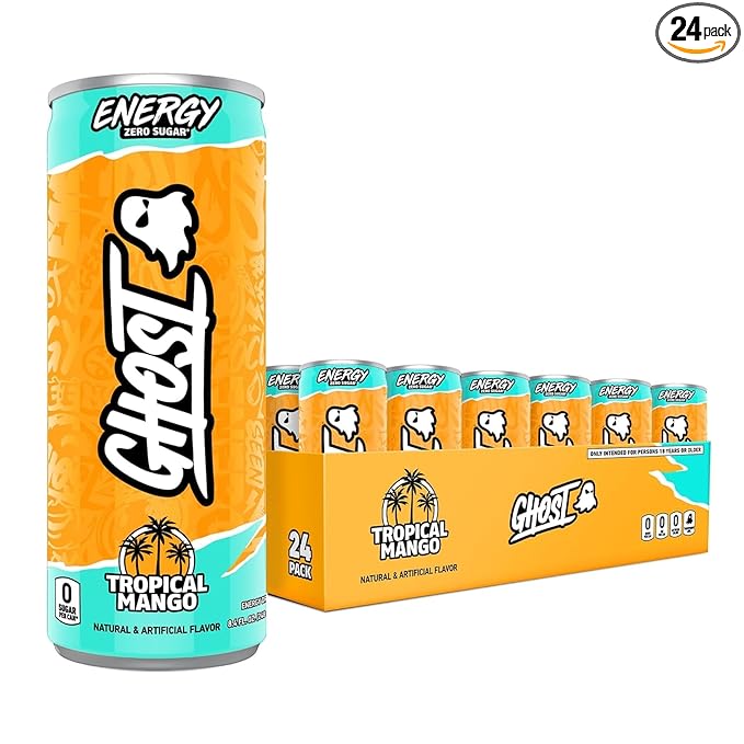 GHOST Energy Drink - 24-Pack, Tropical Mango, 8.4oz - Energy & Focus & No Artificial Colors - 100mg of Natural Caffeine, L-Carnitine & Taurine - Gluten-Free & Vegan