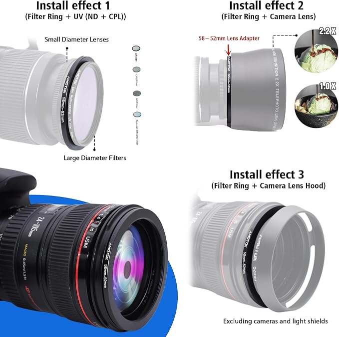 58mm Lens to 52mm Camera Filters Ring Compatible All 58mm Camera Lenses to 52mm