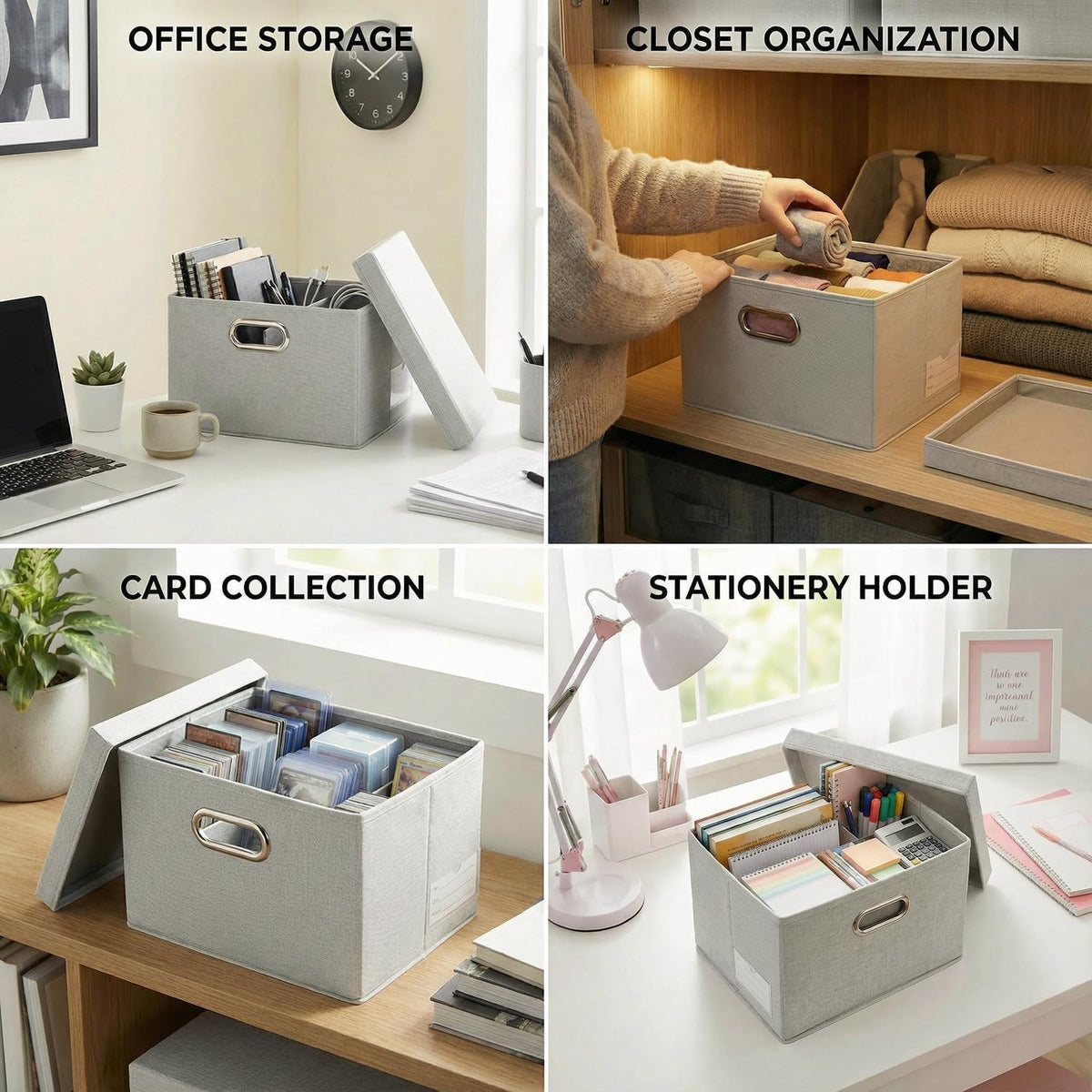 PRANDOM Storage Bins with Lids [3-Pack] Linen Fabric Foldable Storage Boxes Organizer Containers Baskets Cube with Cover for Bedroom Closet Office Beige（11.4X8.6X6.7