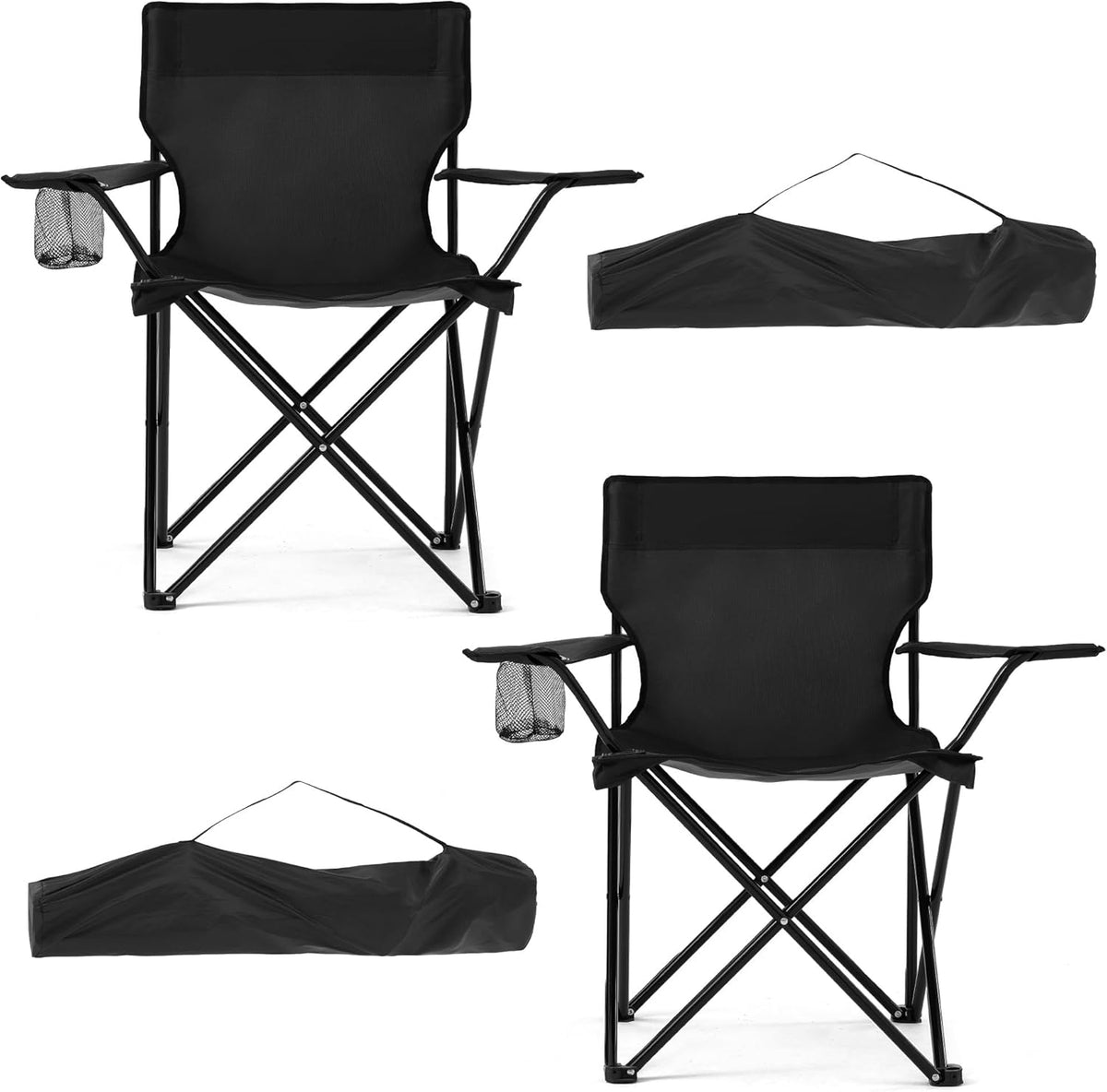 Skiennix Lightweight Folding Camping Chairs - 2 Pack with Cup Holder & Carry Bag for Outdoor Activities | Black, Medium