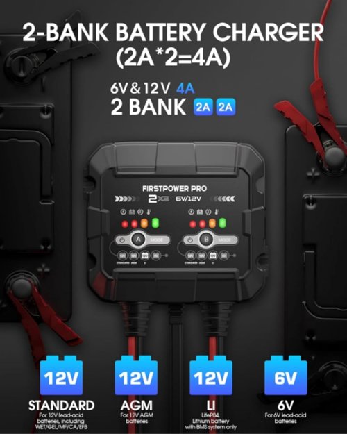2-Bank Trickle Charger by [Brand Name] | 4A Automotive Battery Maintainer for 12V & 6V Batteries