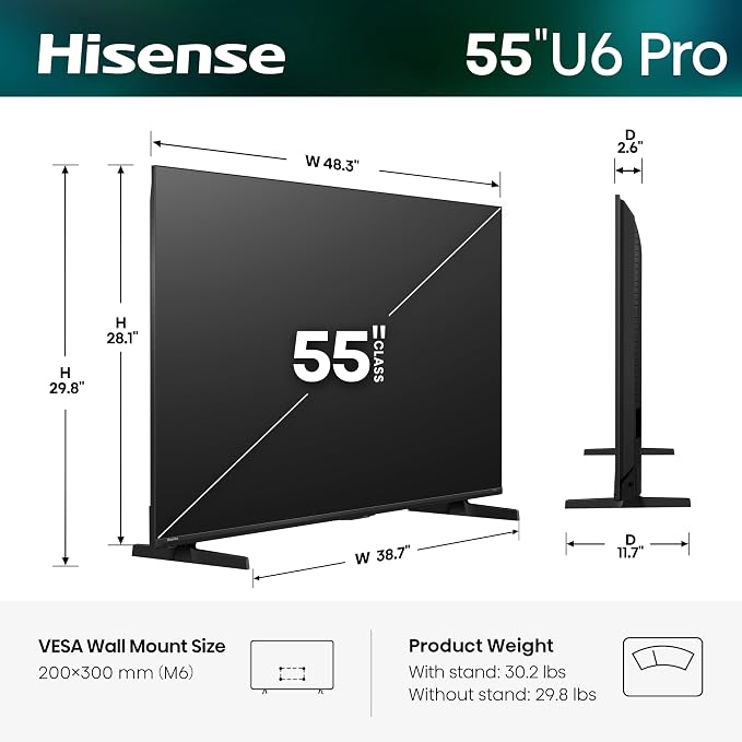 Hisense 55" U6 Pro Series Mini‑LED ULED 4K UHD HDR Gaming AI Smart Fire TV (55U6SF Pro, 2026 New) – Hi-QLED, Native 144Hz, Motion Rate 480, Dolby Vision IQ,· Atmos, HDR10+, Glare-Free, Alexa+