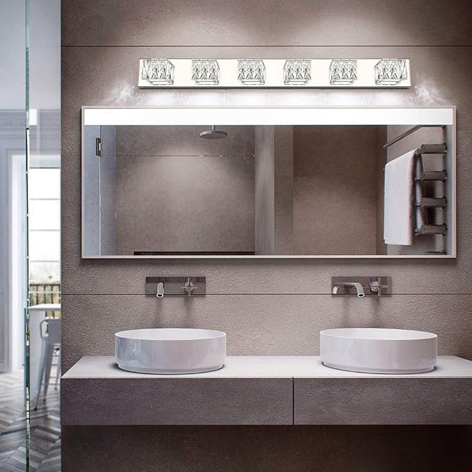 ZUZITO Modern Bathroom Light Fixtures - LED Crystal Vanity Lights Over Mirror - Chrome 6 Lights Bathroom Wall Light Cool White Light 6000K