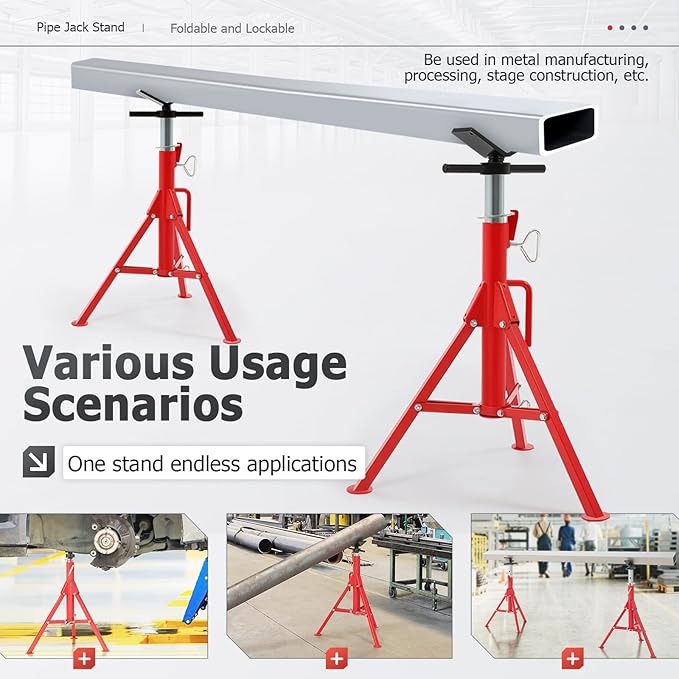 ECOTRIC V-Head Jack Stand Adjustable Height 28"-52" Folding Pipe Stand 2500 lbs Load Capacity Portable Stability Stand Steel Red