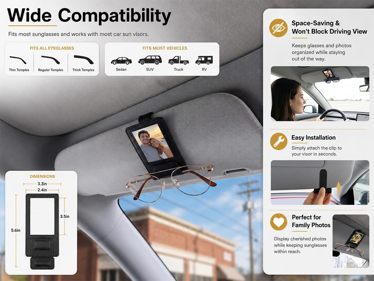 Sunglass Holder for Car Photo Holder 2 in 1 Leather Magnetic Sunglasses Holder for Tesla/Truck/Suv/RV/Car Visor Photo Holder & Sunglasses Clip Family Pet Photos 2026 Car Accessories Gift for Women Men