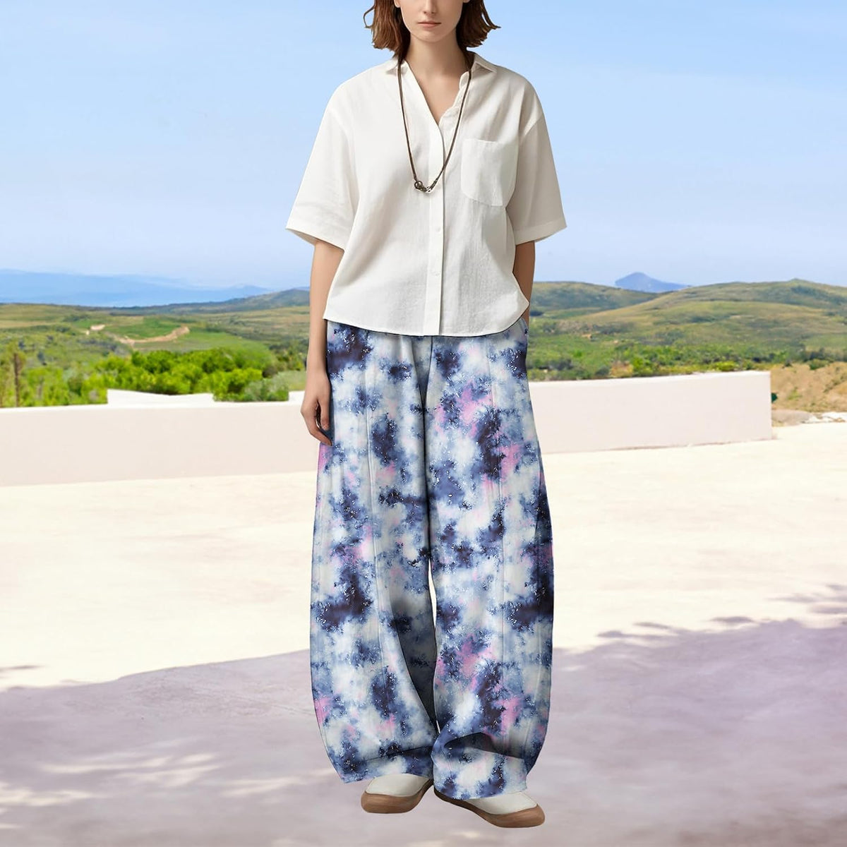 Skiennix Women's High Waist Wide-Leg Pants - Vibrant Color Print | Casual Summer Fashion with Pockets