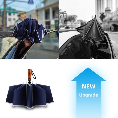 Lejorain Large Reverse Umbrella -50 Inch Windproof Folding Inverted Umbrella - Upside Down with Safety Reflective Strip