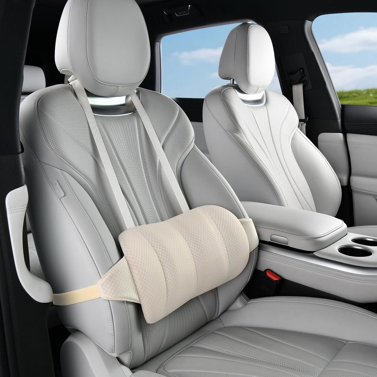 KAYI Lumbar Support Pillow for Car, Memory Foam Lumbar Pillow with Adjustable Straps, Lumbar Support Pillow for Office Chair, Back Support for Car, Sitting, Driving, Traveling (1, Beige)