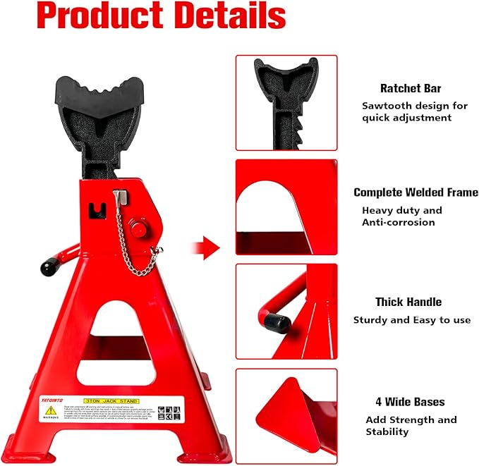 YATOINTO Jack Stands 3 Ton (6,600 LBs), 11.22"-16.54" Adjustable with Double Pin Locking for Reinforced Safety. Car Jack Stand with Extra Rubber Pads for Trucks, Home,Garage,Lifting,1 Pair Red