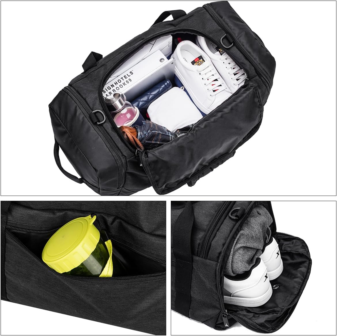 Skiennix Waterproof Gym Duffle Bag | Versatile Sports Backpack with Shoe Compartment - Black