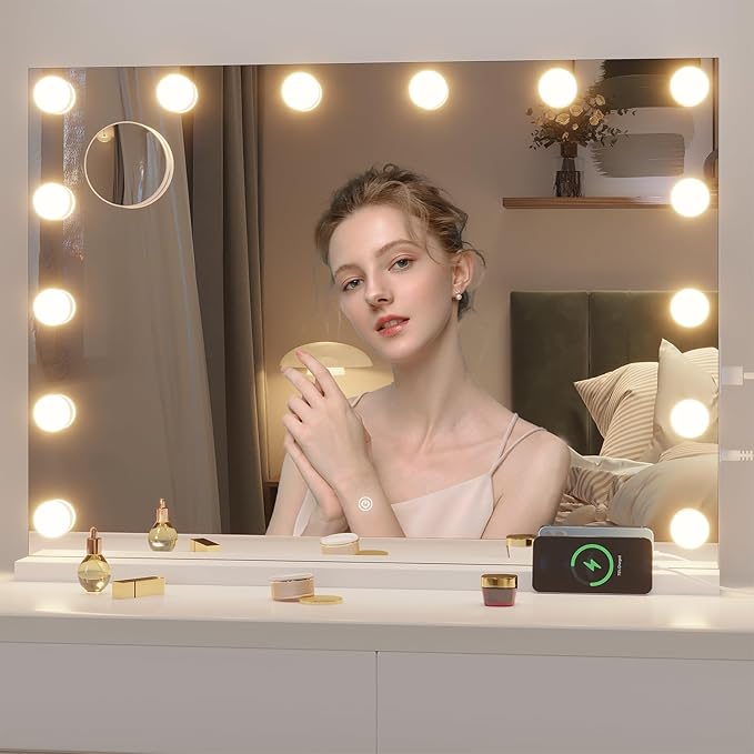 Hasipu Hollywood Vanity Mirror with Lights, 41" x 30" Makeup Mirror with 21 Dimmable LED Bulbs 3 Color Modes & Detachable, 5X Magnifying Glass, Touch Control, USB and Type-C, Tempered Glass