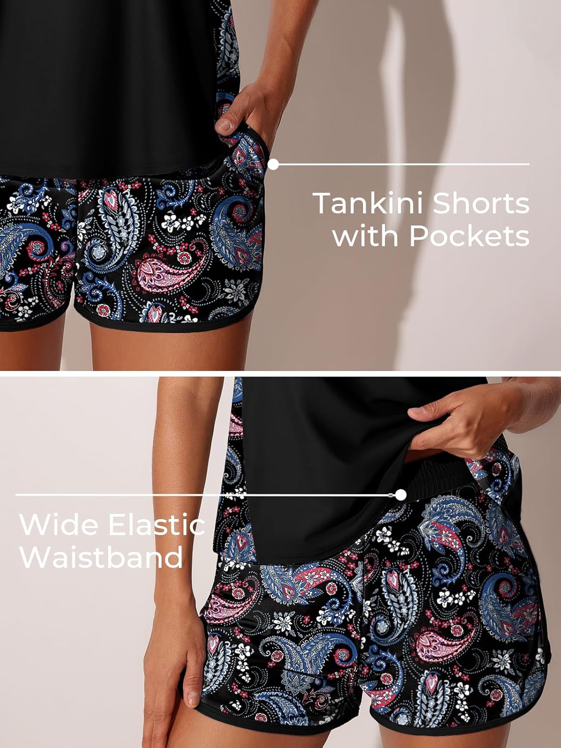 Summer Mae Blouson Tankini Swimsuits - Tummy Control Two-Piece Bathing Suit with Sporty Pockets | Women's Swim Shorts