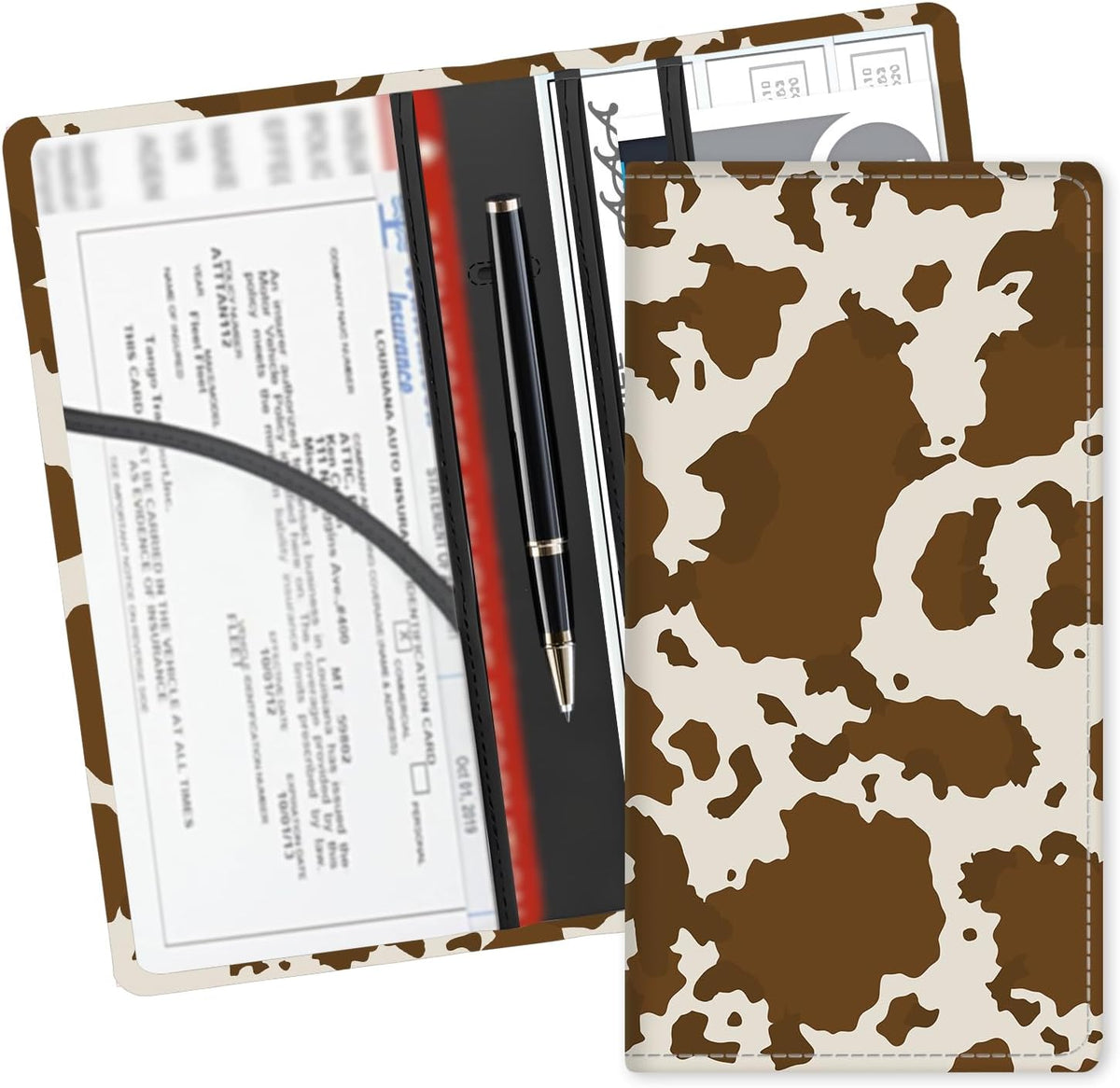 Leather Car Registration and Insurance Card Holder, Cute Car Accessories Vehicle Glove Box Car Organizer for Documents, Cards, License Brown Cow Print