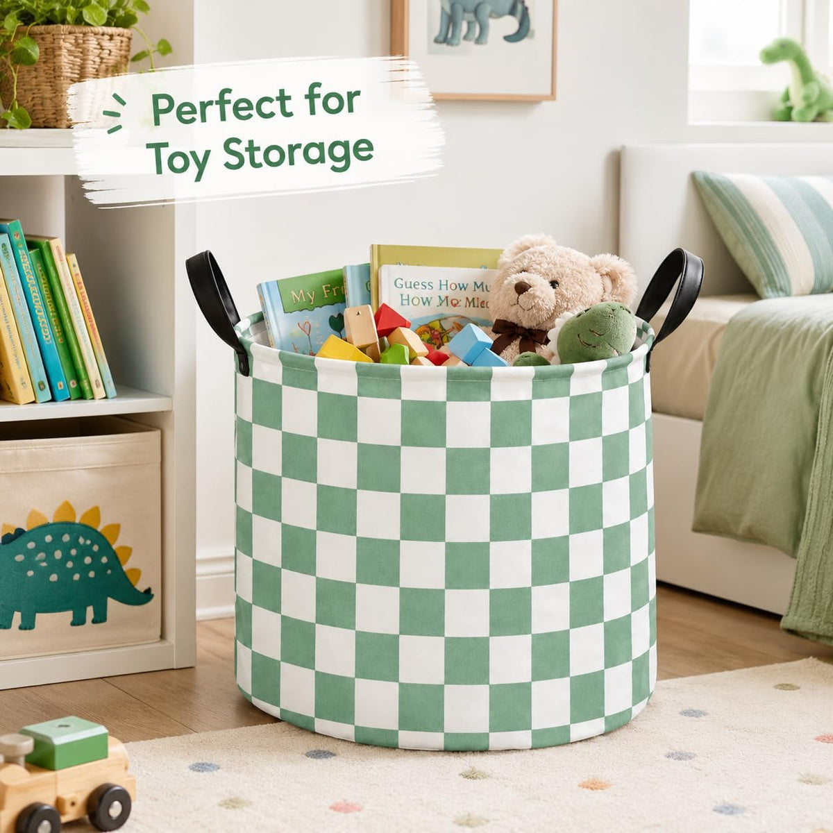 MAIZMZ 3 Pack Sage Checkered Storage Baskets Kids Hamper, 15.7"D x13.3"H, Waterproof Lining, Leather Handles, Collapsible for Laundry, Toys, Clothes, Gift Set