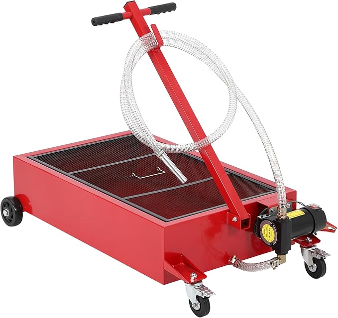 GarveeTech Low Profile Oil Drain Pan 12V, 25-Gallon Metal Oil Change Pan Large Capacity with 180W Electric Pump, 8FT Hose & Folding Handle for Cars, SUVs, Trucks, Buses, RVs, Red