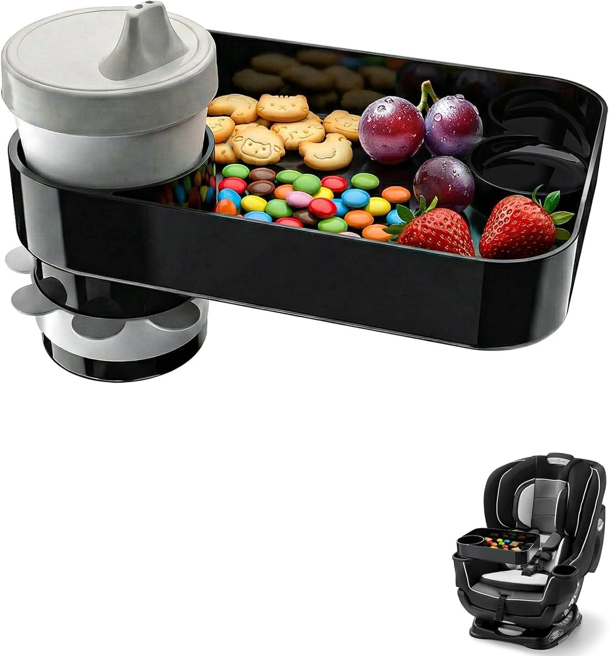 Car Seat Snack Tray for Toddlers, Reduces Mess Square Travel Tray Cup Holder Snack Tray, Durable Car Food Tray for Kids, Universal Fit Kids Travel Road Trip Essentials (Black)