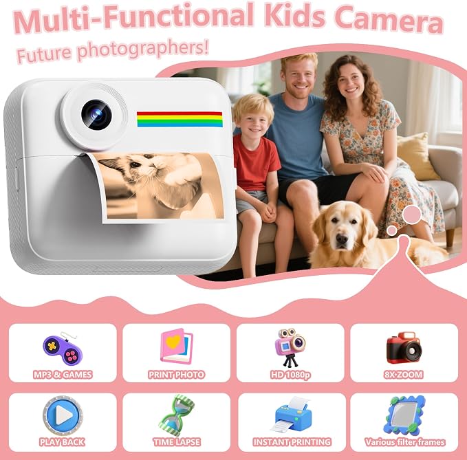 Kids Camera Instant Print with Color Printing Paper and Protective Case 32GB
