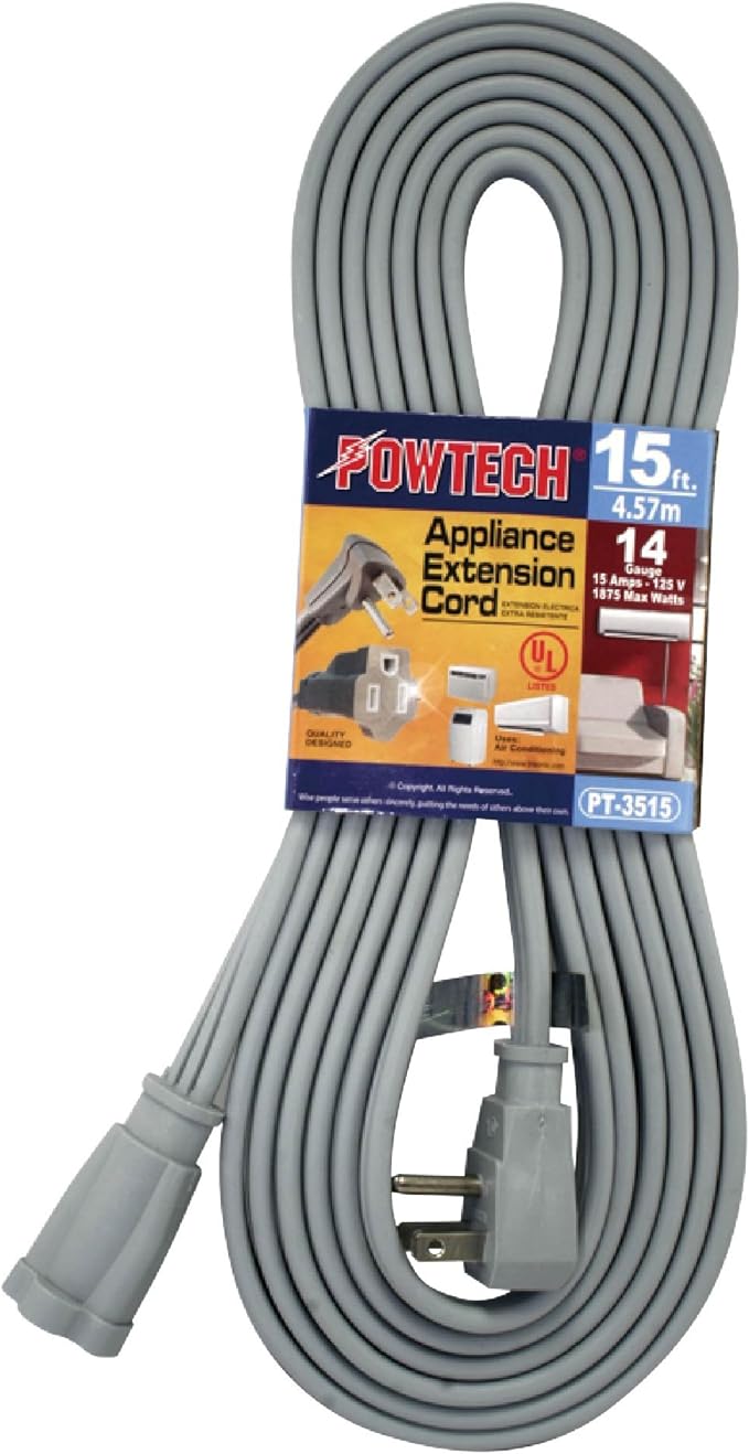 Heavy Duty 15 FT Air Conditioner and Major Appliance Extension Cord UL Listed 14 Gauge, 125V, 15 Amps, 1875 Watts Grounded 3-PRONGED Cord