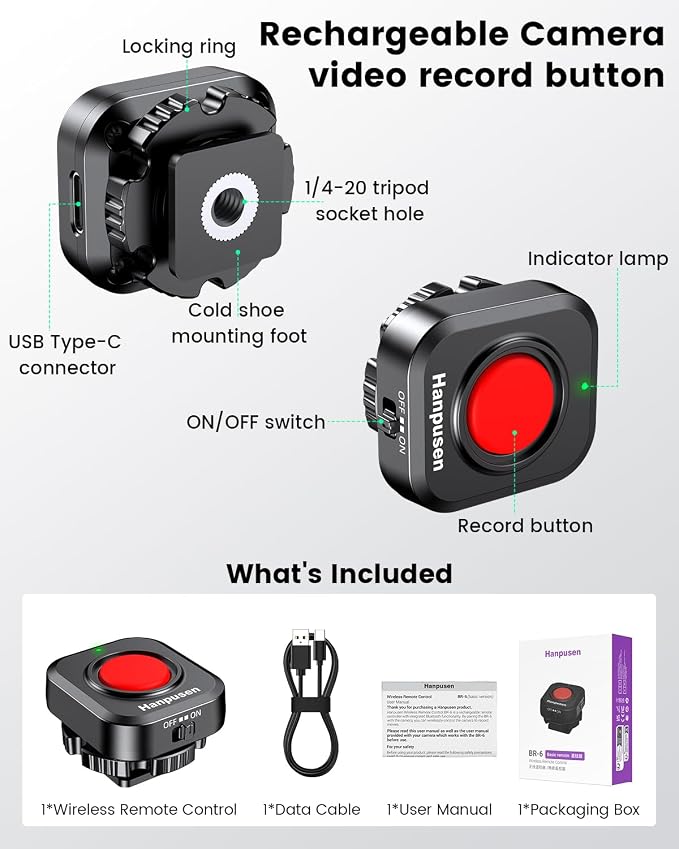 Wireless Rechargeable Camera Video Recording Remote Control, One-Press Video