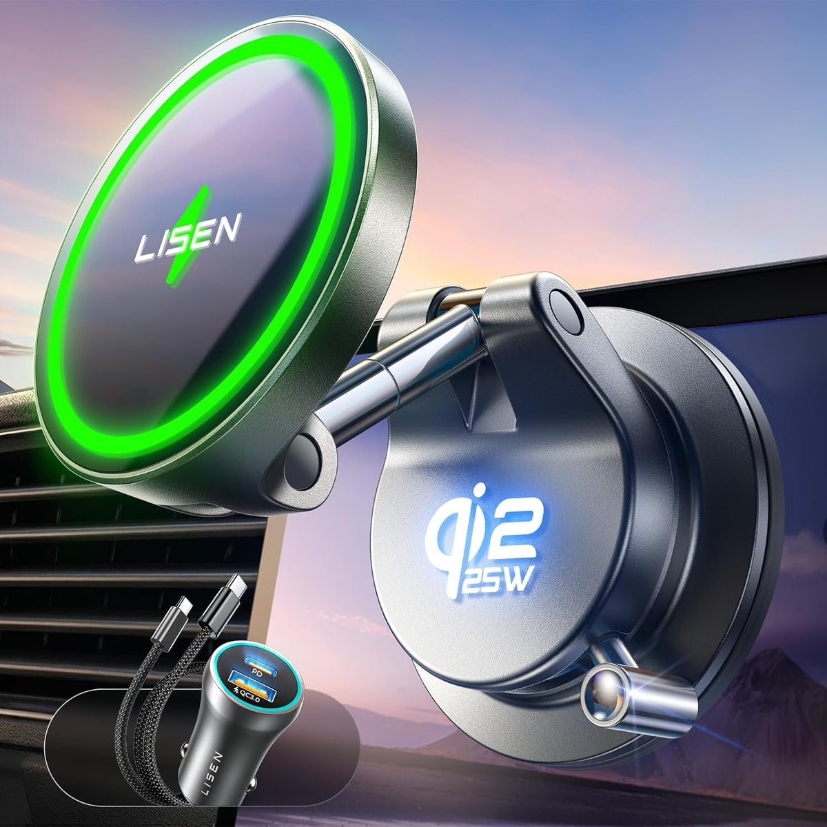 LISEN for Qi2 25W MagSafe Car Mount Charger for iPhone 18 Pro Max, MagSafe Car Charger, Fast Wireless Charging Car Charger iPhone 18, Suction Phone Mount, for iPhone 18 Car Charger with 54W Adapter