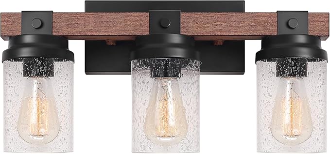 Farmhouse Vanity Light Fixtures, 3-Light Rustic Bathroom Lights Over Mirror with Pretty Glass Shade, Industrial Black Metal Wood Wall Decor Sconces for Living Room Hallway Stairway UL-Listed