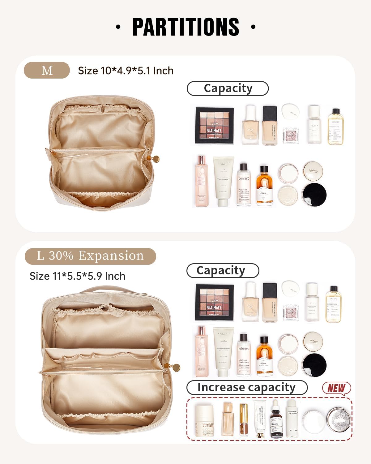 EACHY Travel Makeup Bag for Women, PU Leather Cosmetic Bag, White, Large