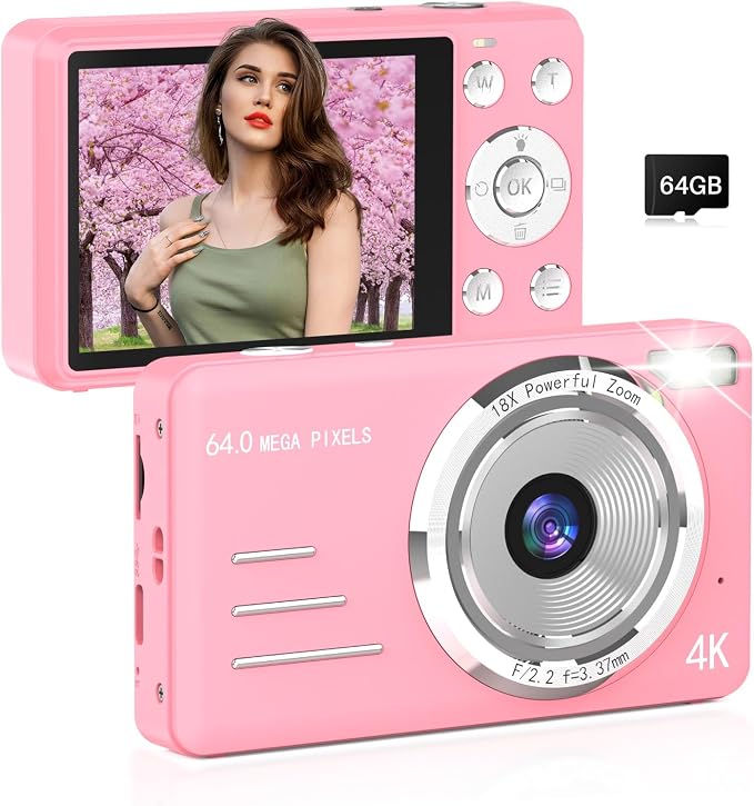 Digital Camera, FHD 4K 64MP Point and Shoot Kids Digital Camera