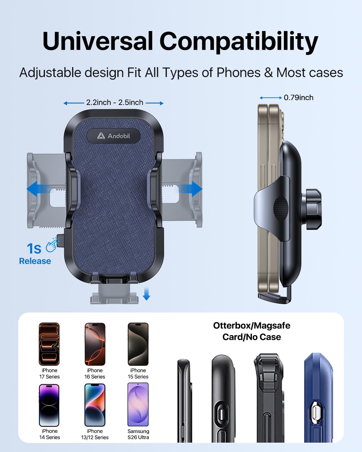 andobil 2026 Upgraded Car Phone Holder Mount for Vent, Military Sturdy Metal Clip Air Vent Phone Holder for Your Car Easy Used Cell Phone Car Mount, Blue