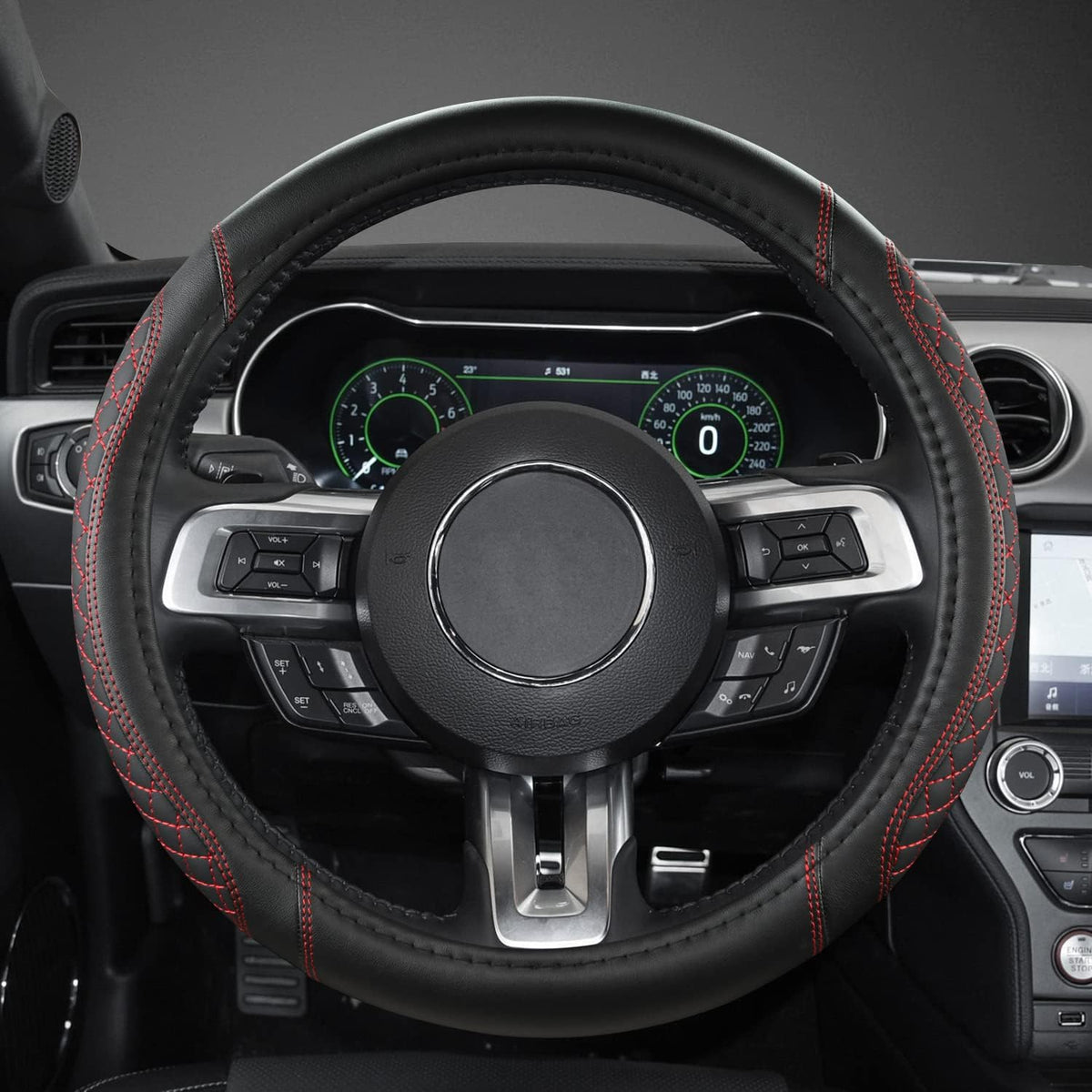 West Llama Car Steering Wheel Cover for Ford Escape,Explorer,Fusion,Focus,Bronco,Transit,Edge(Diamond Quilted - Black+Red- Standard Size)