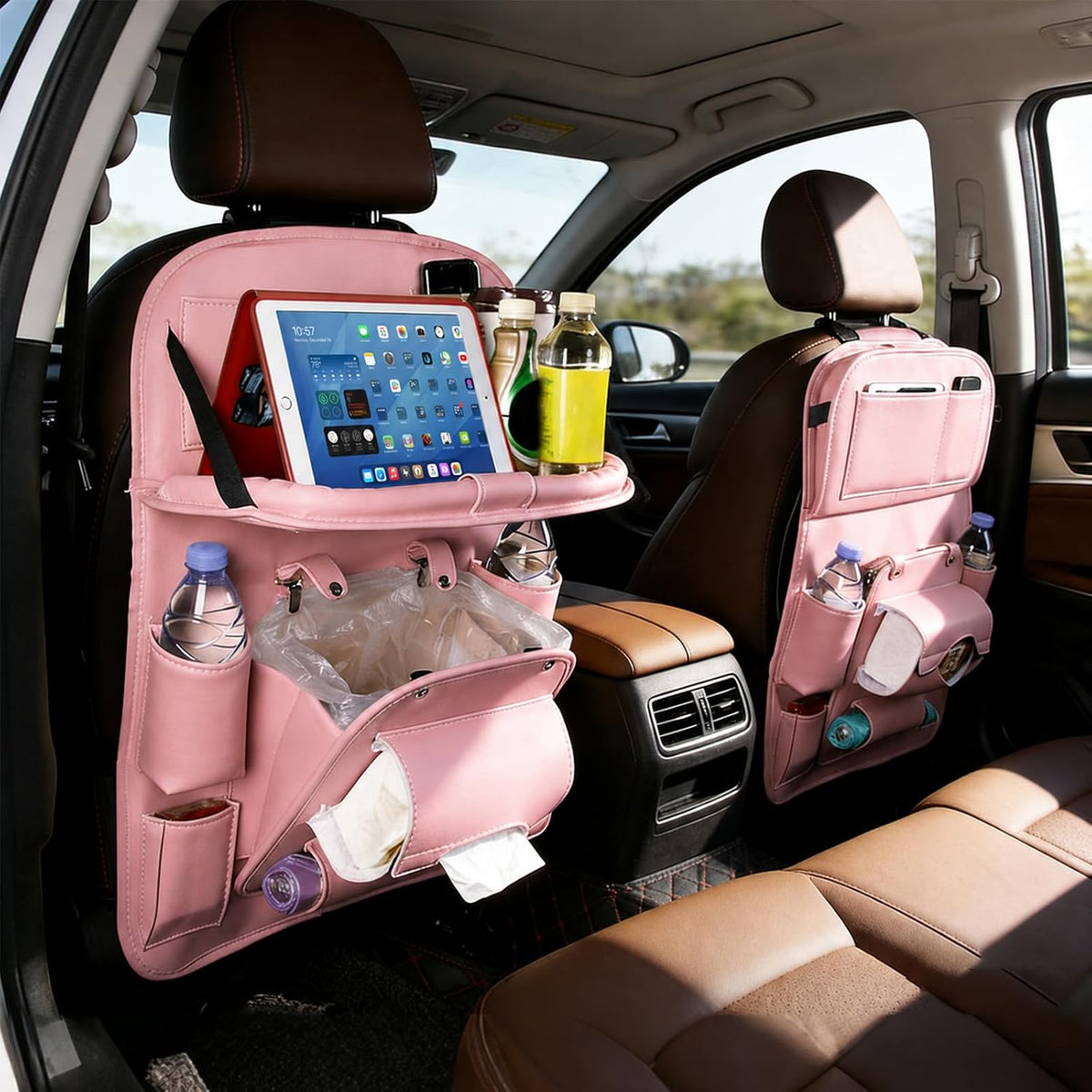 Car Backseat Organizer with Foldable Table Tray, PU Leather Seat Back Organizer with Trash Bin, Tablet Holder, Kick Mat Protector, Back Seat Storage for Cars, Pink