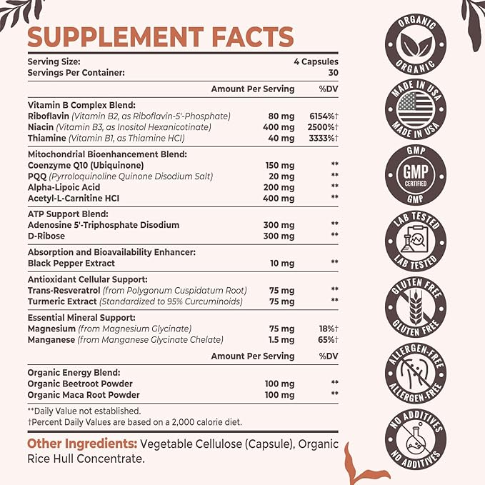 2326 MG Mitochondrial Supplements with ATP, Vitamins, CoQ10 & PQQ, More Effective Than Creatine HMB & Nitric Oxide, Energy, Endurance, Strength, Recovery & Muscle, Organic, 120 Capsules