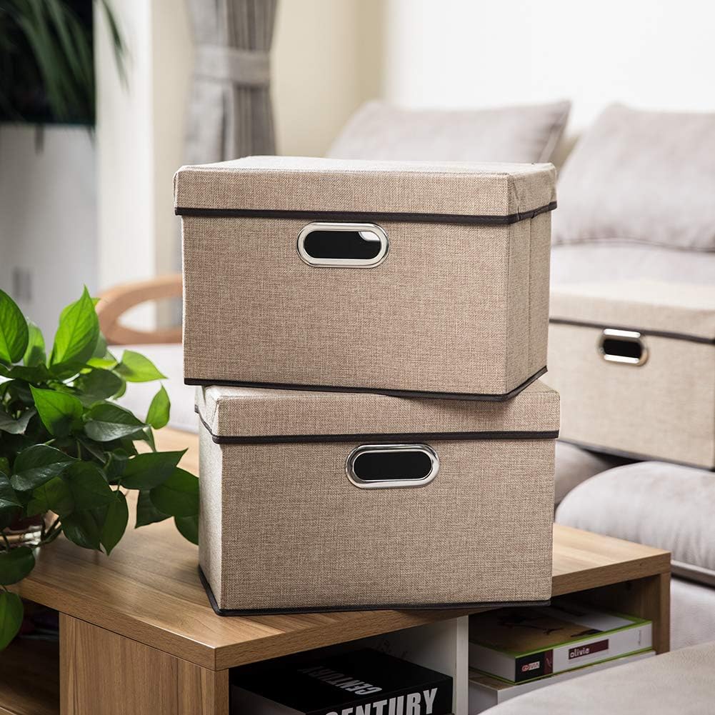 PRANDOM Collapsible Storage Cubes with Lids [1-Pack] Jute Fabric Foldable Storage Boxes Organizer Containers Baskets Bins with Cover for Home Bedroom Closet Office Nursery (14.9x9.8x9.8)