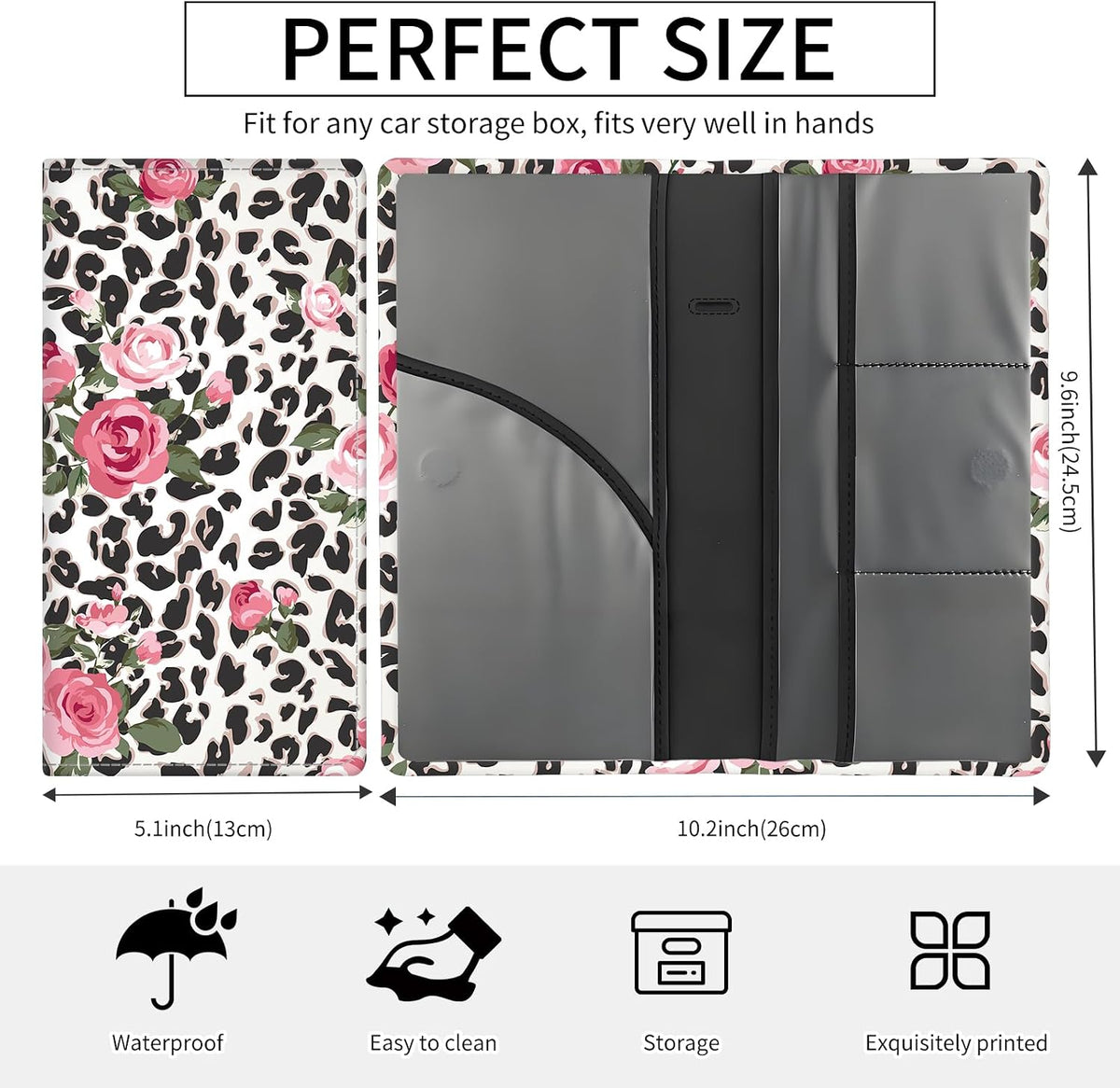 Premium Car Registration and Insurance Card Holder, Cute PU Leather Car Document Holder, Vehicle Glove Box Car Organizer with Magnetic Closure for Driver License, Cards Leopard Rose