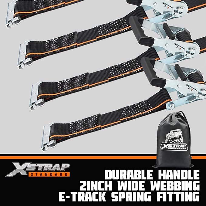 XSTRAP STANDARD 4 Pack E-Track Ratchet Straps 2" x16', 4400 LBS Break Strength Interior Van Solution Heavy Duty Tie Down Strap for Moving, Truck, Trailers, Motorcycles, Kayaks, Car Roof, Black