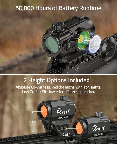 CVLIFE Red Dot Scope - Multi-Reticle 2 MOA Dot & 65 MOA Circle | Motion Awake, 50K Hours Battery Life, IPX7 Waterproof