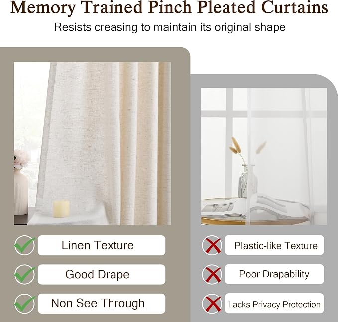 Memory Trained Pinch Pleated Curtains 105 Inches Long, Viral Linen Pinch Pleat