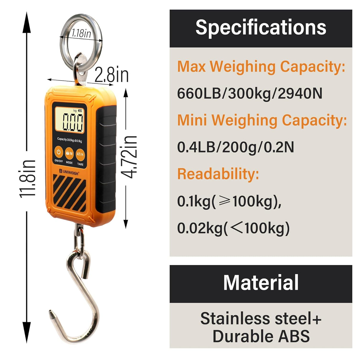 UNIWEIGH Digital Hanging Scale - Portable 300kg/660lb Crane Scale with LCD Display & Large Hook | Ideal for Hunting, Fishing, and Garage Use