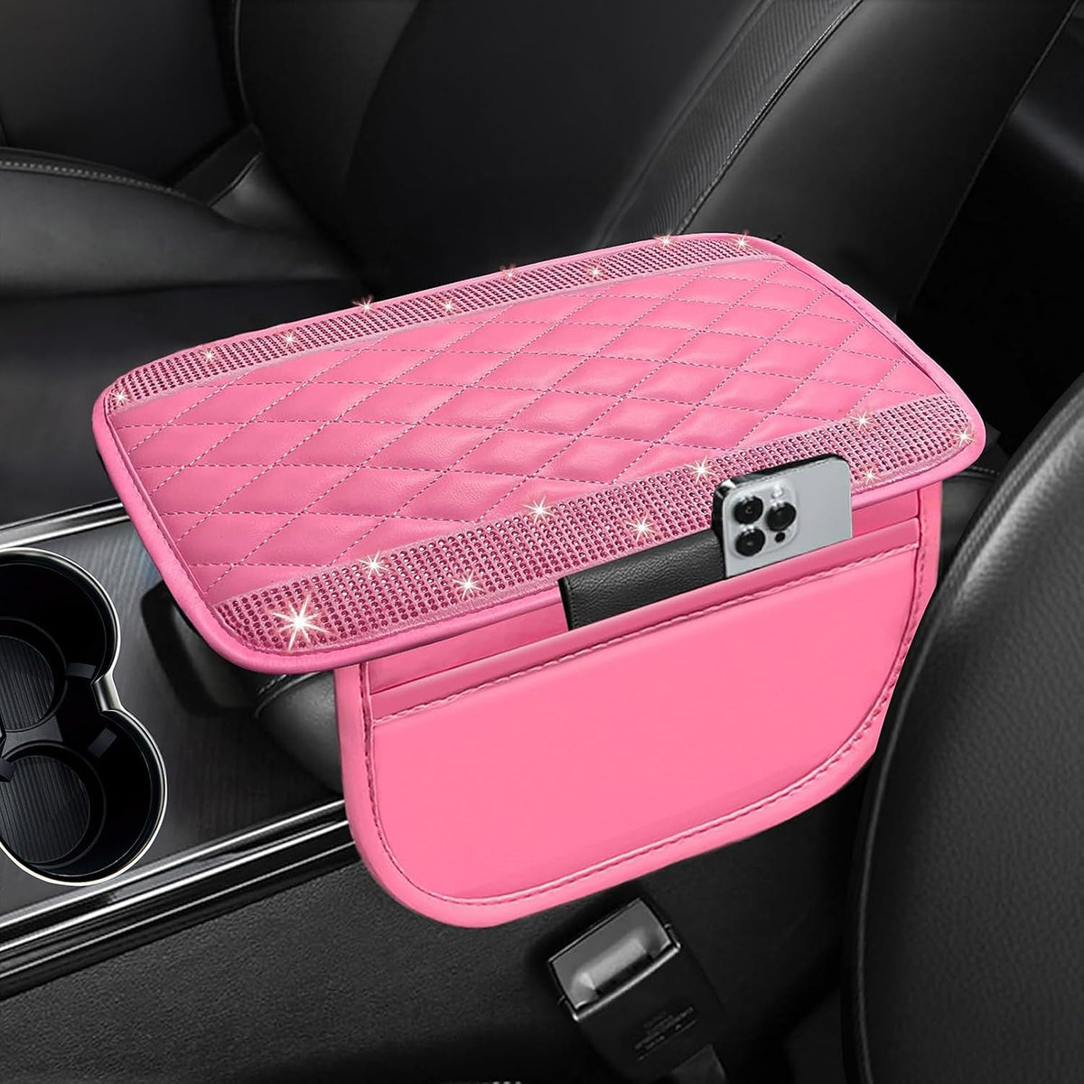 NBTEPEM Bling Pink Car Center Console Cover, Leather Car Arm Rest Cover Cushion with 2 Storage Bags, Middle Console Cover Universal Armrest Protector Pads, Pink Bling Accessories for Most Vehicles