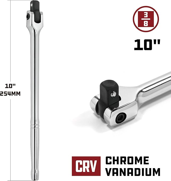 Powerbuilt Flex Head 3/8-Inch Drive Breaker Bar Extension with Socket Adapter and Universal Joint Set, 10 Inches Long Flex Handle, 3/8" Drive Female by 1/2" Drive Male Adapter - 641511