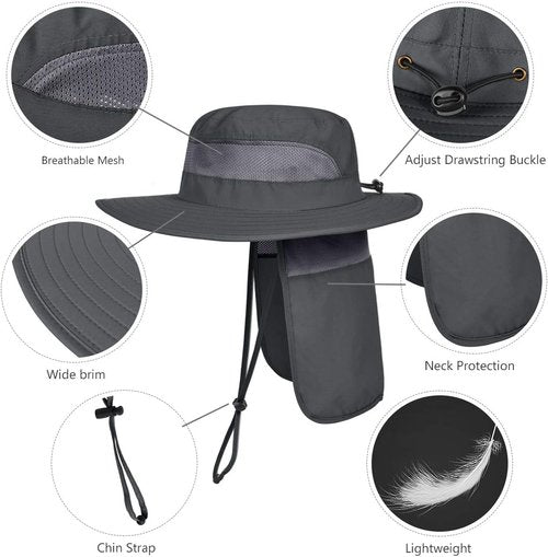 LCZTN Men's Safari Cap - UPF 50+ Sun Protection Wide Brim Fishing Hat with Neck Flap | Ideal for Hiking & Garden Work