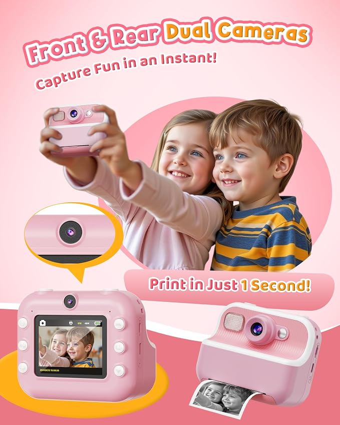 Instant Camera, Front Rear Dual Selfie Kids Camera