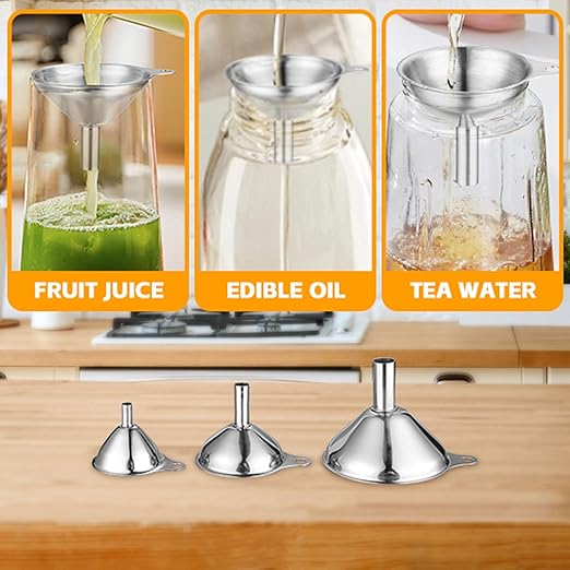 Stainless Steel Funnels 3pc Small Medium Large Metal Funnels Set with 2 Cleaning Brushes for Liquids, Essential Oils, and Spices