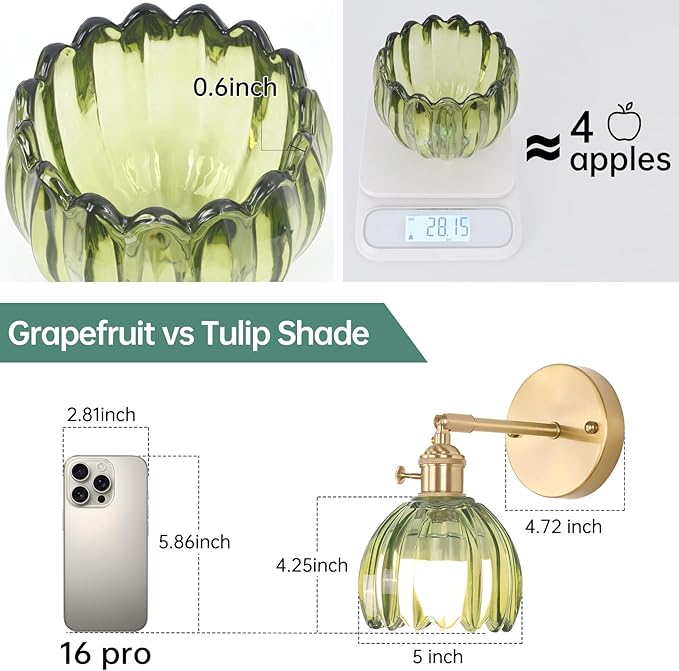 Vintage Battery Operated Wall Sconce with Green Tulip Glass Lampshade Rechargeable Battery Powered Wall Light with Remote Control for Bedside Bedroom Doorway, Set of 2