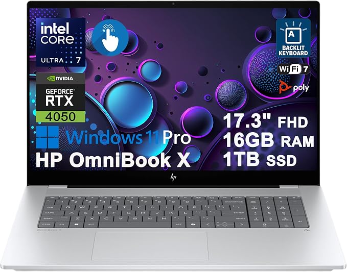 HP OmniBook X AI Laptop 17.3" FHD Touch Intel 8-core Ultra 7 256V 47 AI Tops 16GB RAM 1TB SSD GeForce RTX 4050 Thunderbolt Backlit Wi-Fi7 for Creator Designer Business Professional Win11Pro ICP Hub
