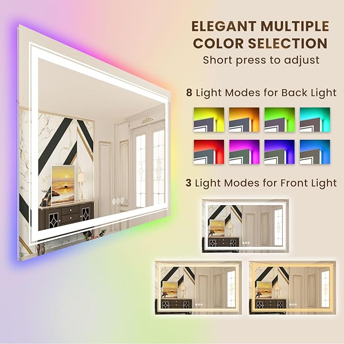 WTTY LED Bathroom Mirror 48"x36" with RGB Backlit and Front Light,Stepless Dimmable LED Mirror for Bathroom,Colored Lighted Bathroom Vanity Mirror,Anti-Fog,Memory Function,Shatter-Proof