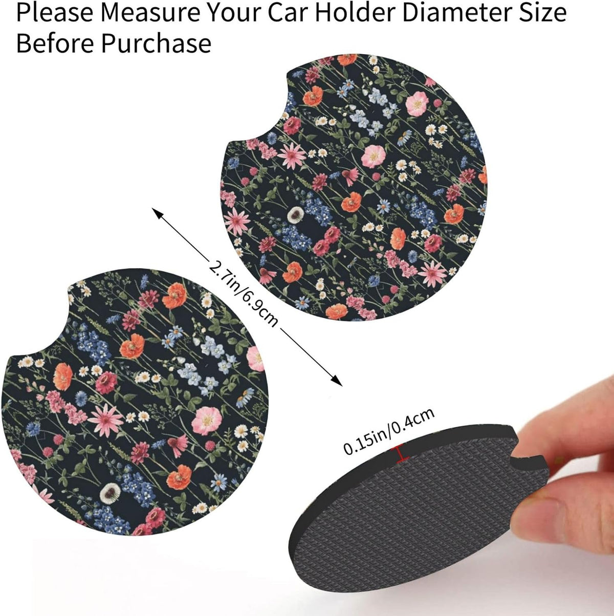 Wildflower Car Steering Wheel Cover 15 in, 2 Cute Floral Car Coasters