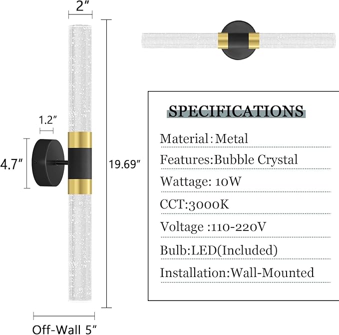 2 Packs LED Wall Sconces Crystal Wall Light Modern Glam Crystal Vanity Lighting Fixtures for Hallway Dining Living Bedroom with 2700K Warm Light Bulbs